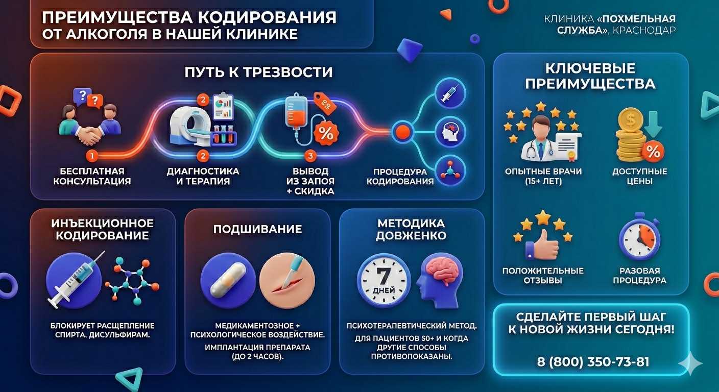 Инфографика о методах кодирования от алкоголя в Волхове: инъекции, подшивание, метод Довженко. Преимущества клиники и этапы лечения.